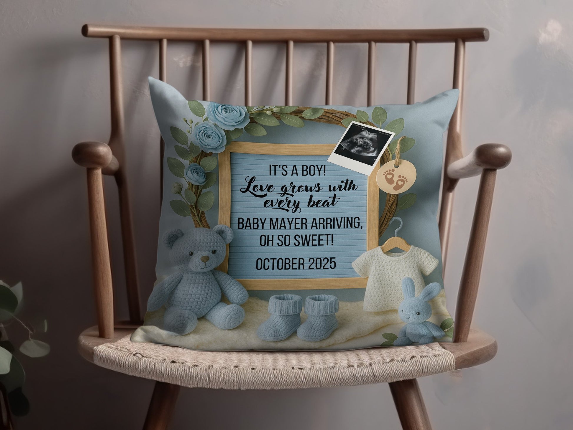 Baby Boy Announcement Cushion Cover, Blue Nursery Decorative Pillow, Personalized Baby Shower Gift, October 2025