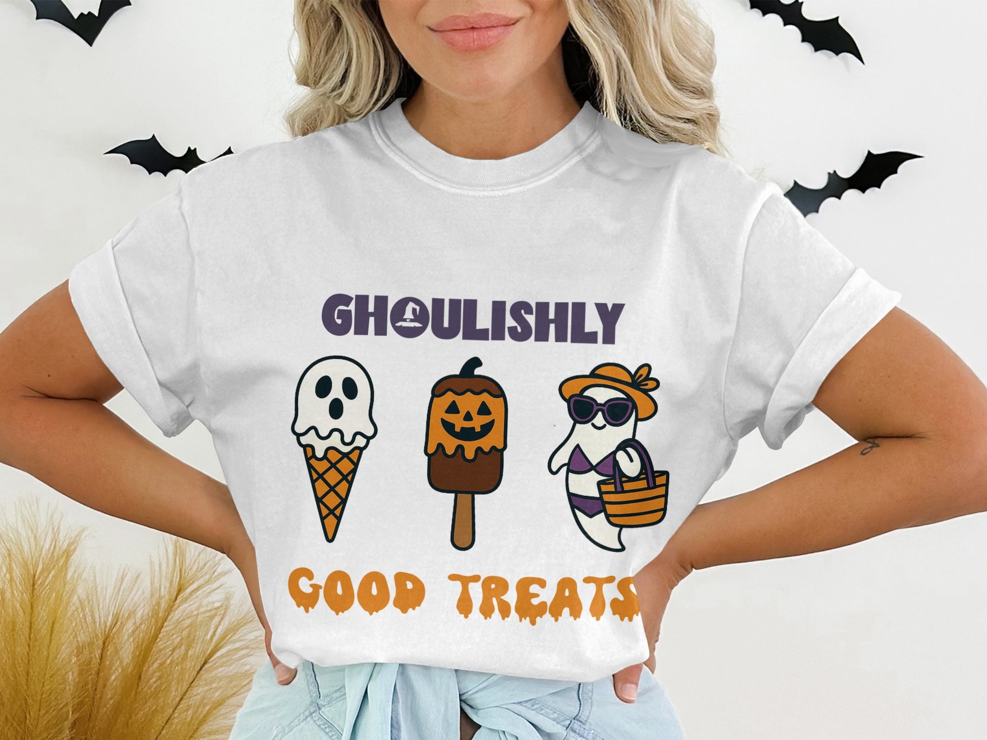 Halloween Themed T-Shirt with Cute Ghost and Pumpkin Ice Cream Graphics for Women