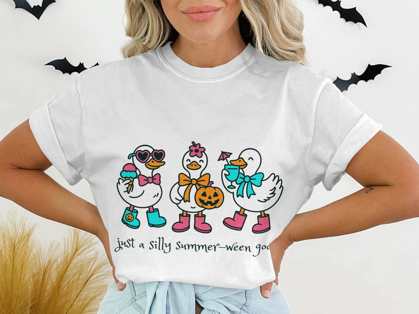 Cute Duck Halloween T-Shirt, Colorful Summerween Graphic Tee, Fun Cartoon Ducks, Women's Fashion Top