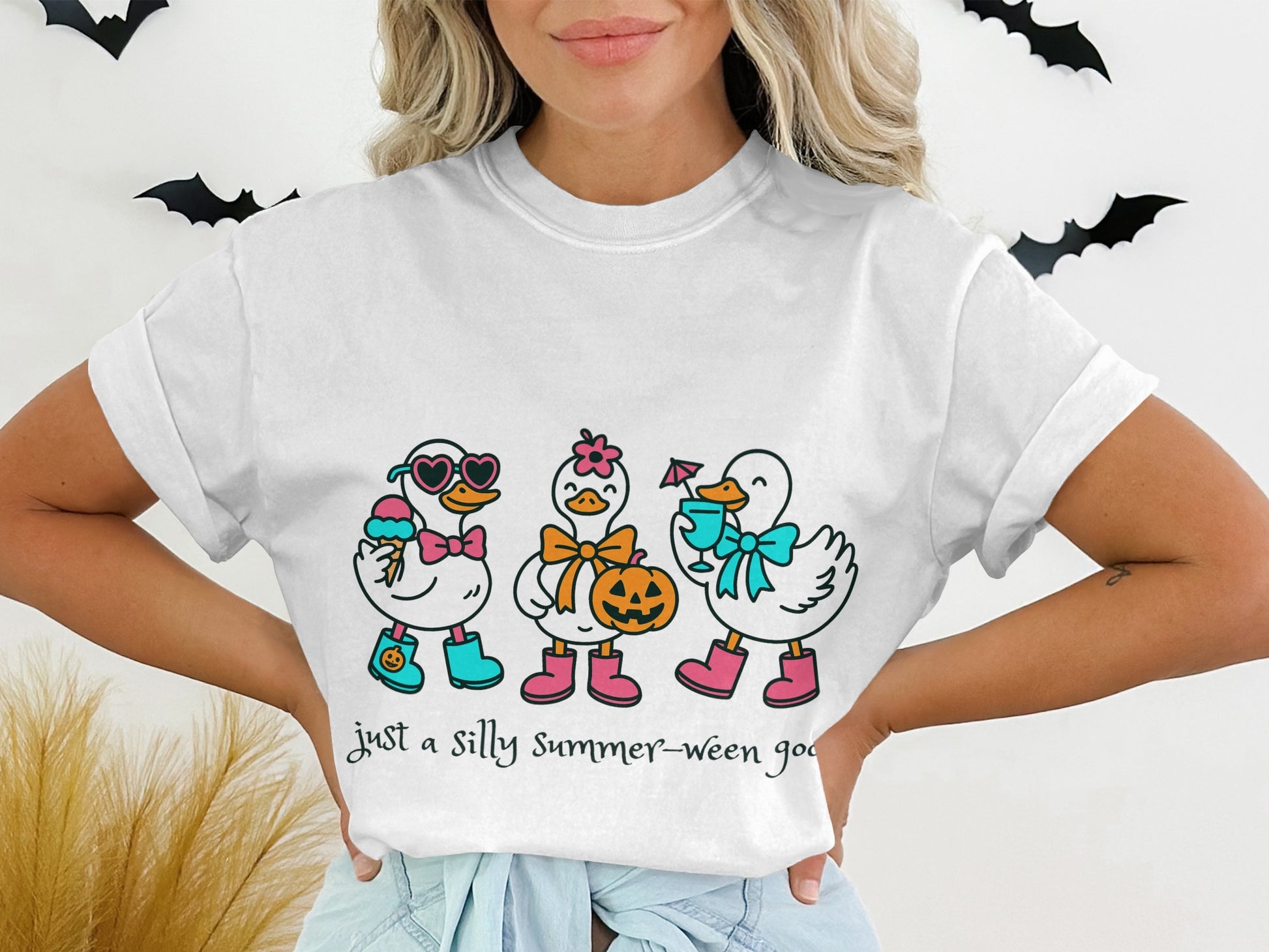 Cute Duck Halloween T-Shirt, Colorful Summerween Graphic Tee, Fun Cartoon Ducks, Women's Fashion Top