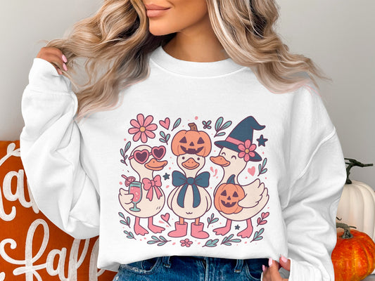 Cute Halloween Sweatshirt, Pumpkin Ghost Witch Design, Cozy Autumn Wear, Festive Fall Clothing