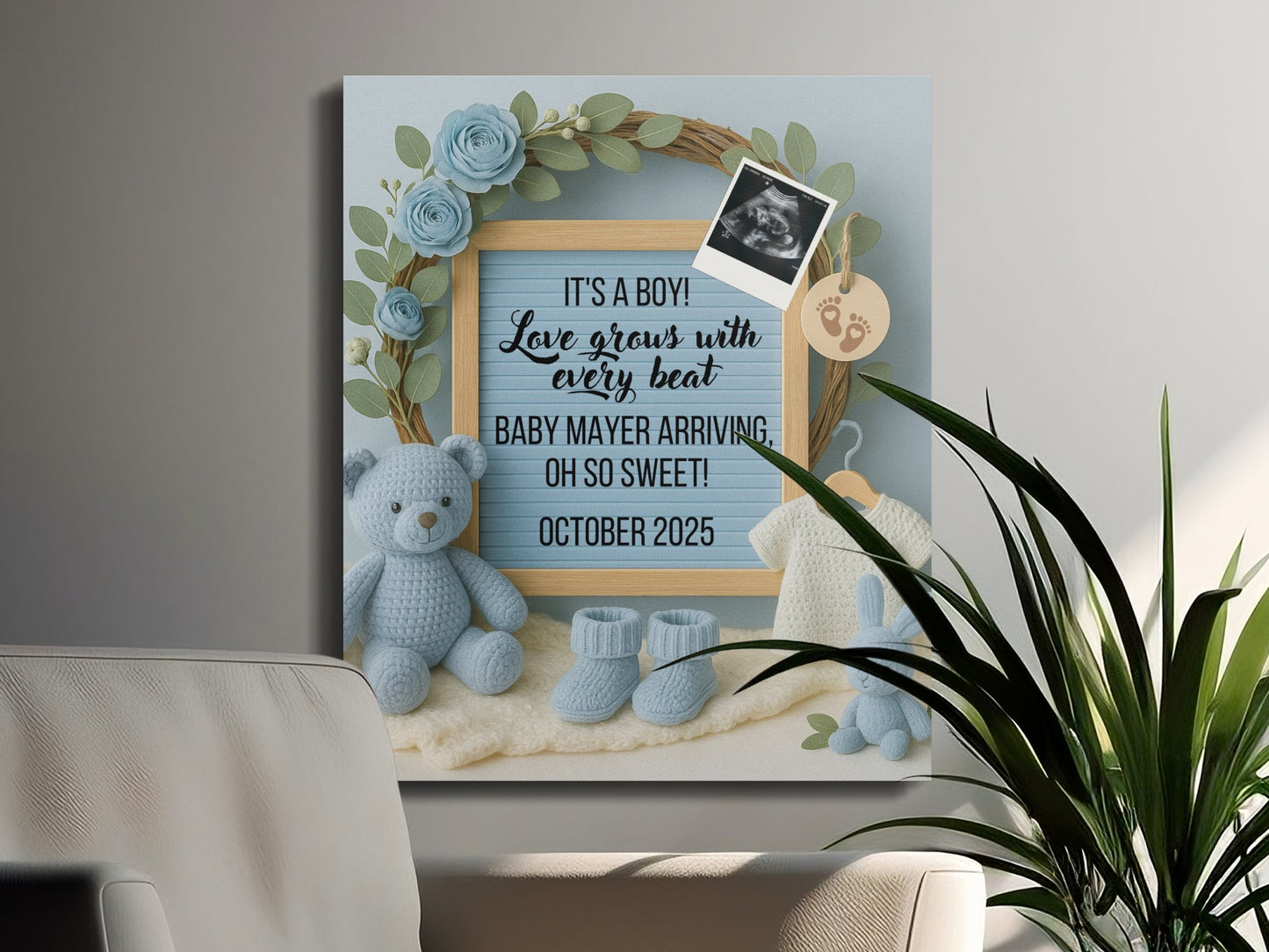 Baby Boy Nursery Decor, Blue Crochet Bear, Customizable Wooden Frame, Floral Baby Shower Gift, Personalized Arrival Date Announcement