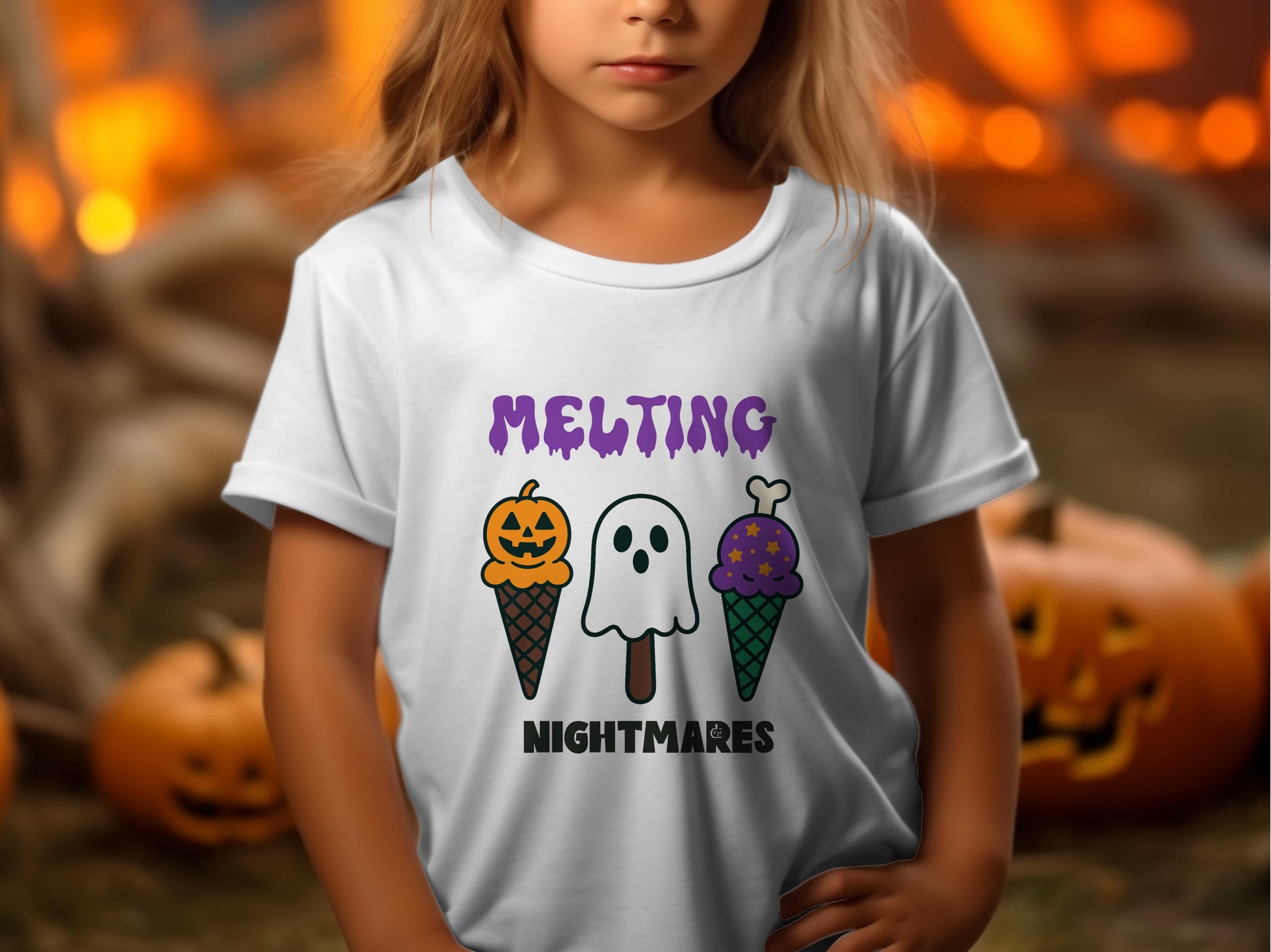Kids Halloween T-Shirt, Melting Nightmares Ice Cream Cone Graphic Tee, Pumpkin and Ghost Design, Fall Festival Apparel