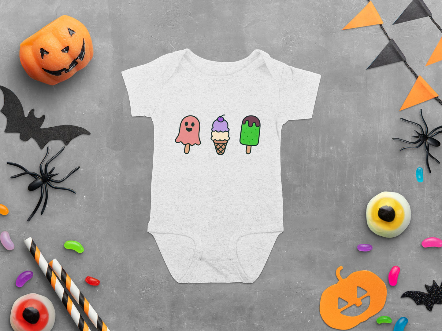 Halloween Baby Bodysuit, Cute Ice Cream Ghosts Print, Unisex Infant Onesie, Festive Fall Clothing