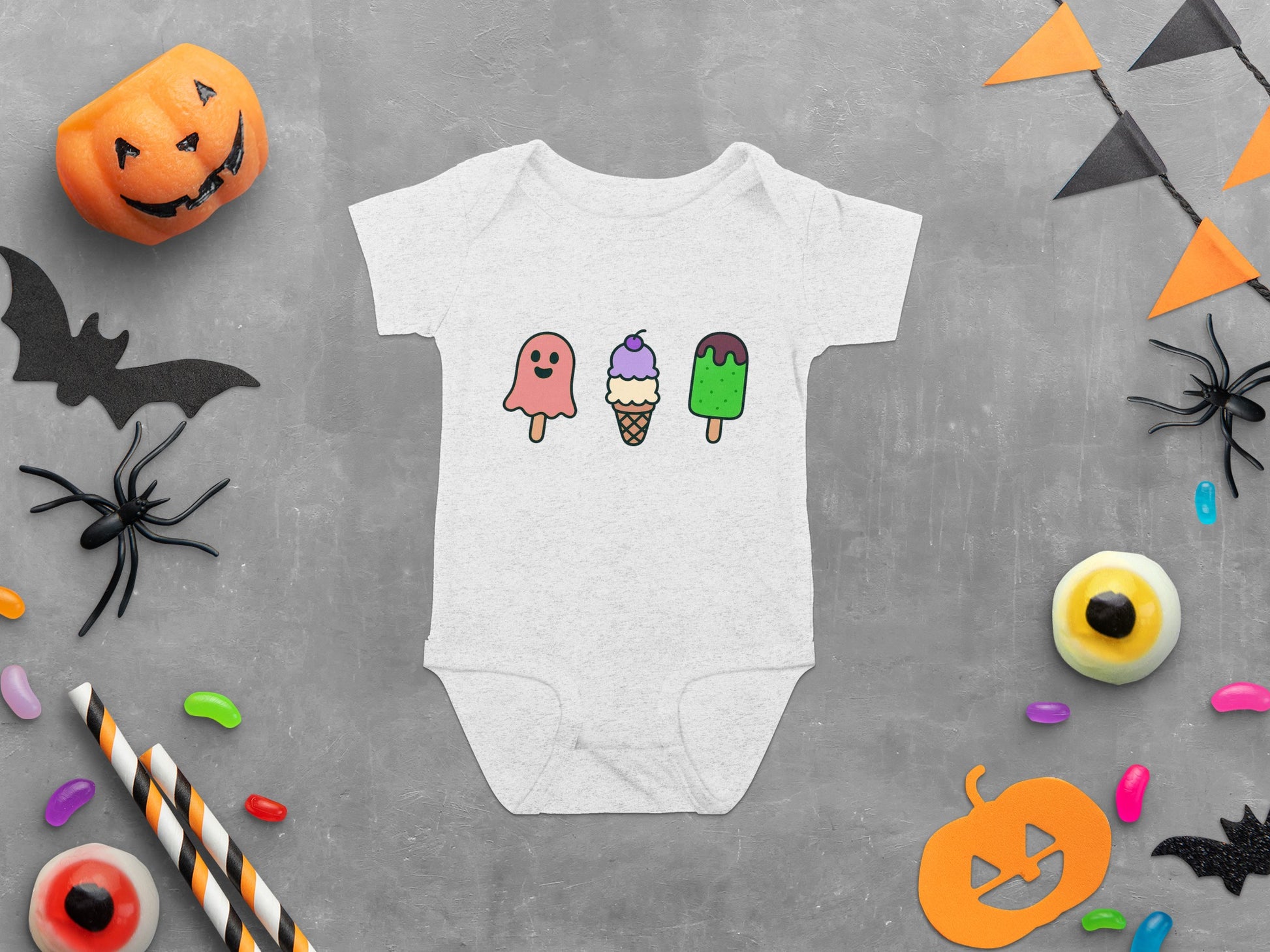Halloween Baby Bodysuit, Cute Ice Cream Ghosts Print, Unisex Infant Onesie, Festive Fall Clothing