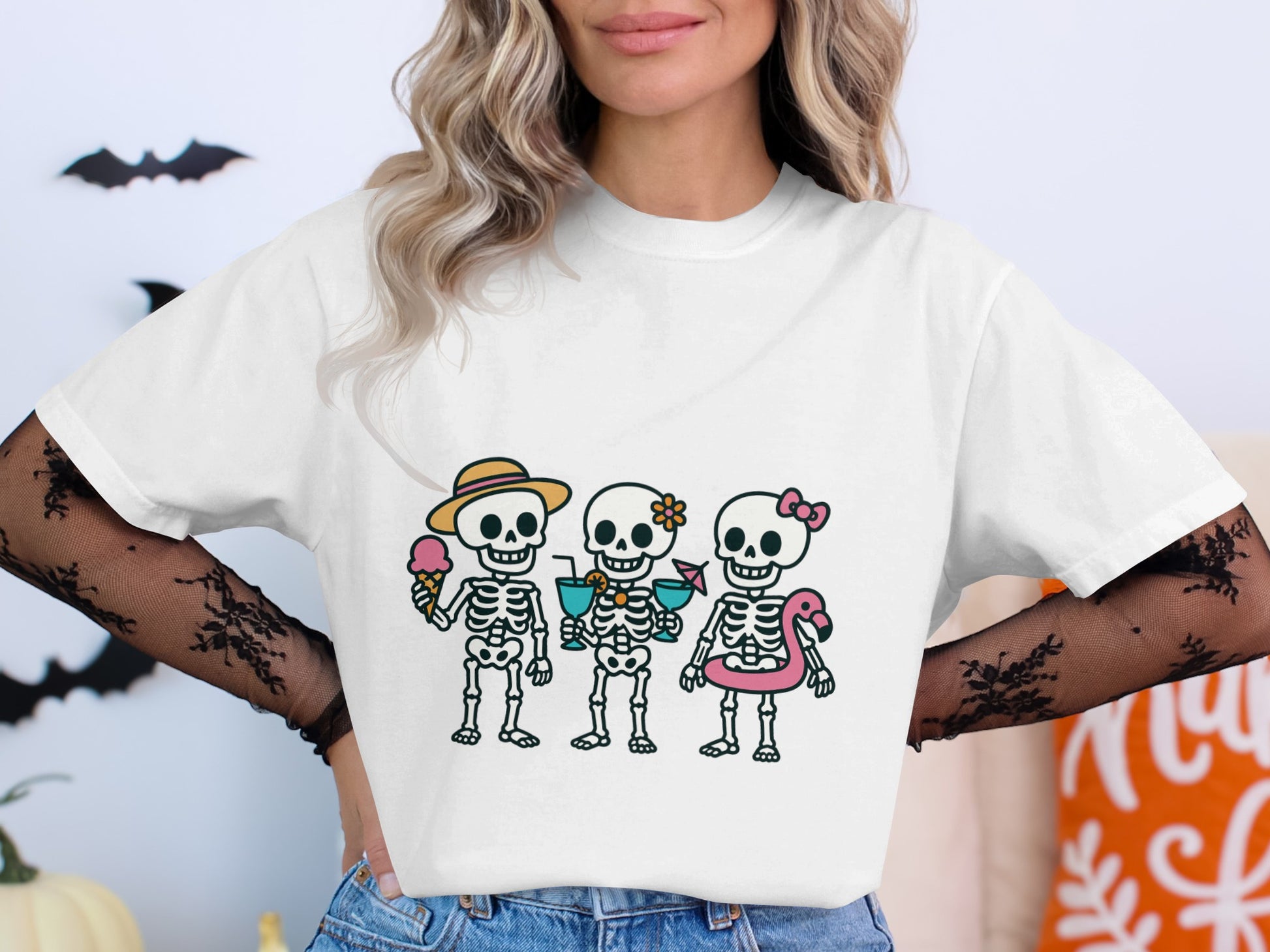Day of the Dead Skeleton Couple T-Shirt, Cute Dia de los Muertos Tee, Halloween Skulls Shirt, Floral Skeletons Top for Women and Men