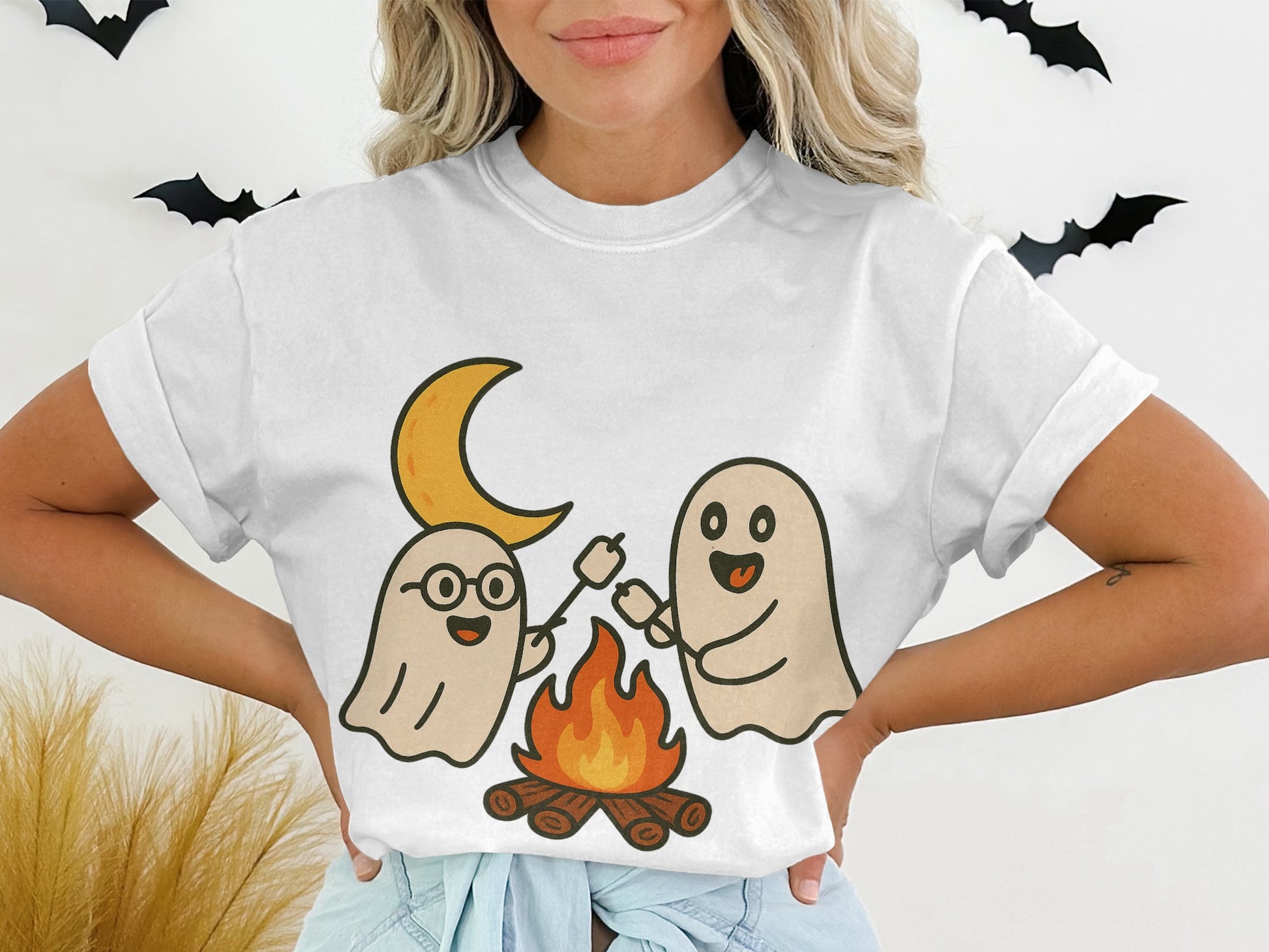 Cute Ghosts and Moon Campfire Graphic T-Shirt, Halloween Casual Tee, Unisex Autumn Fashion Top