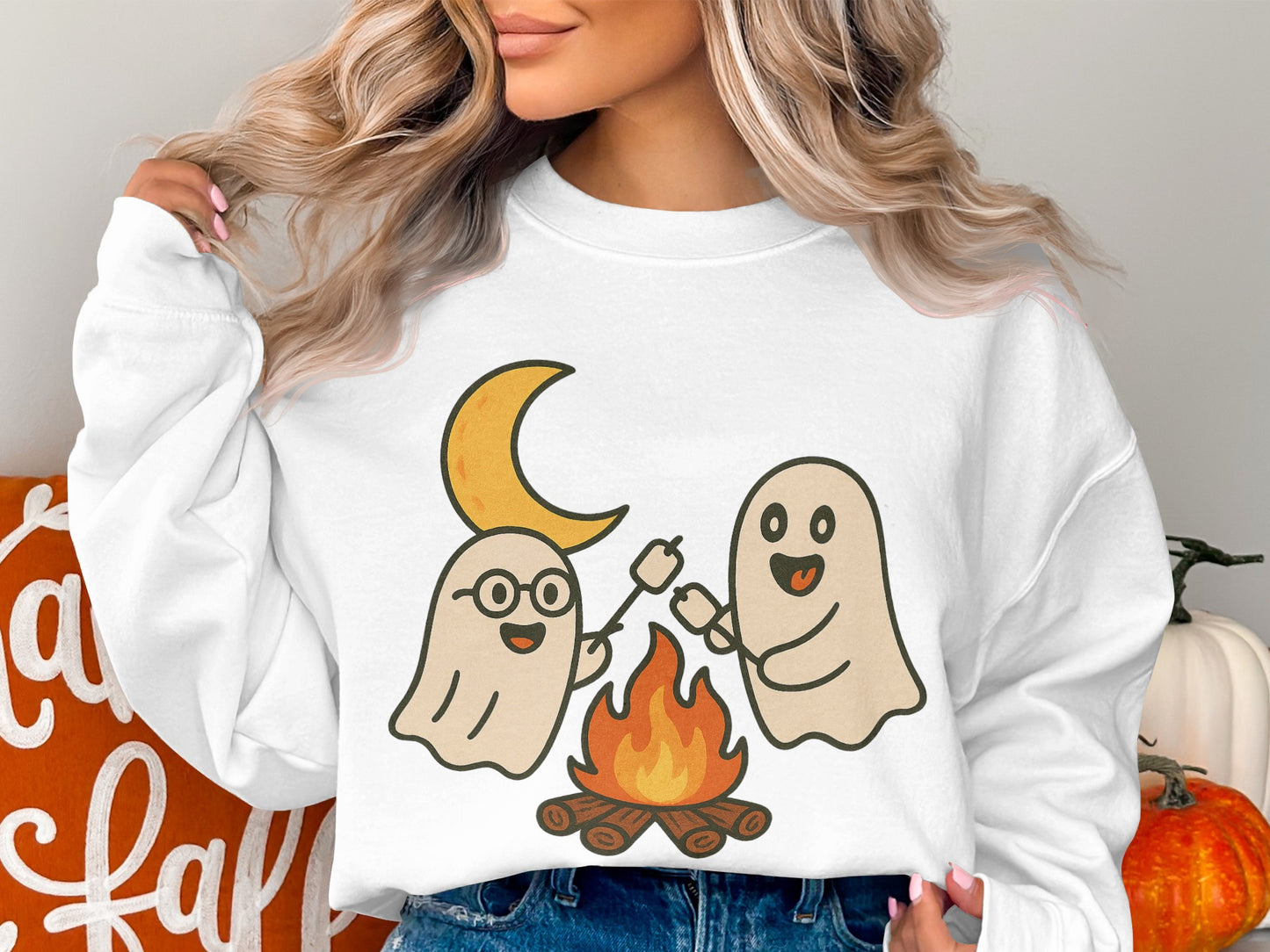 Cute Ghosts and Moon Campfire Graphic Sweatshirt, Unisex Halloween Fall Fashion Pullover
