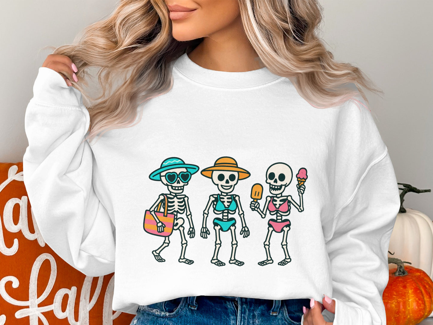 Fun Skeleton Friends Graphic Sweatshirt, Unisex Casual Fall Clothing, Trendy Halloween Apparel