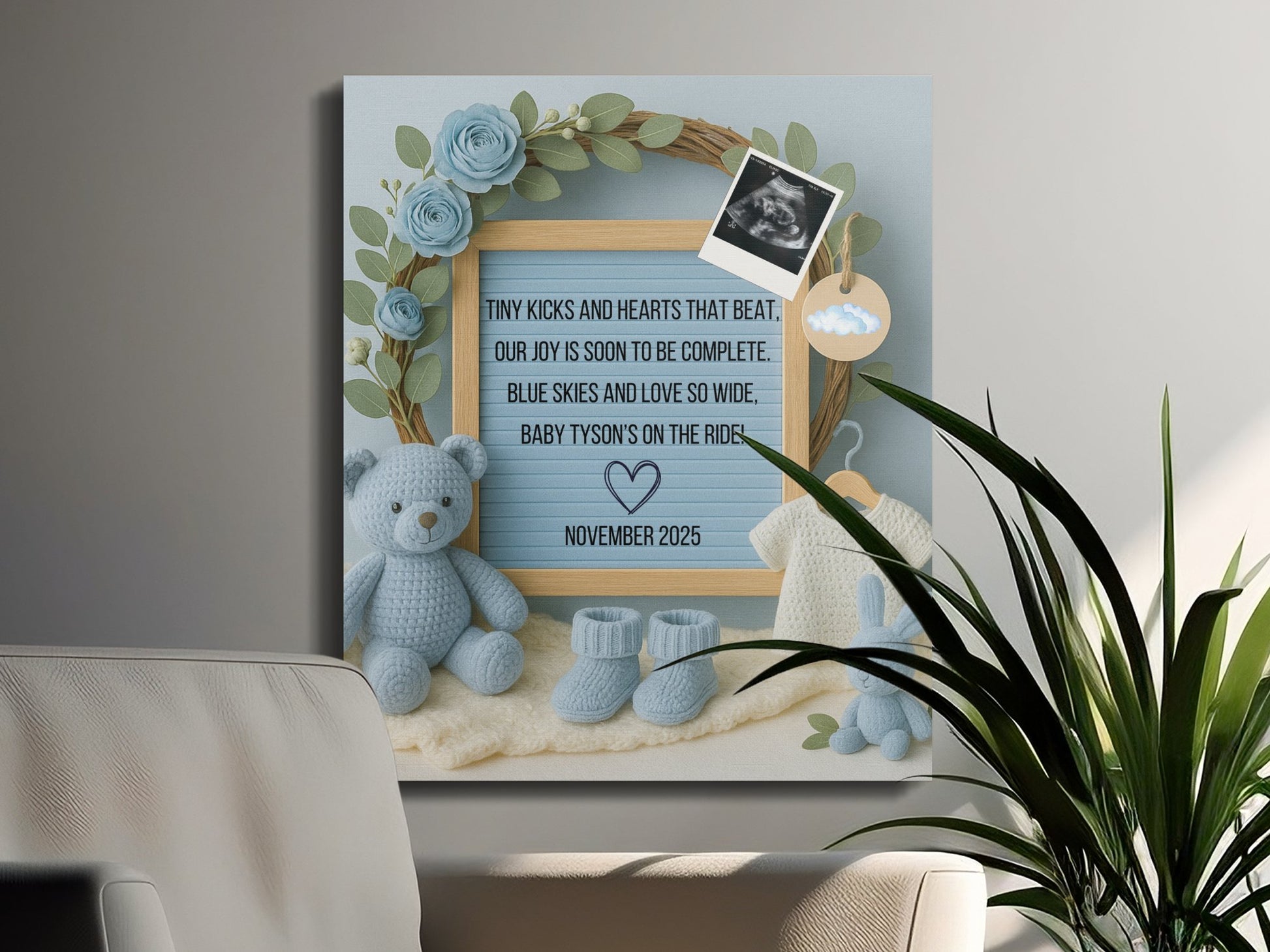 Baby Shower Gift Customizable Blue Nursery Decor Frame, Teddy Bear and Flowers, Personalized Wall Art