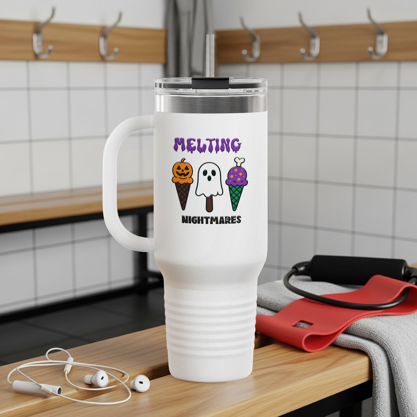 Halloween Travel Mug, Melting Nightmares Insulated Tumbler, Spooky Ice Cream and Pumpkin Design, Fall Drinkware Gift