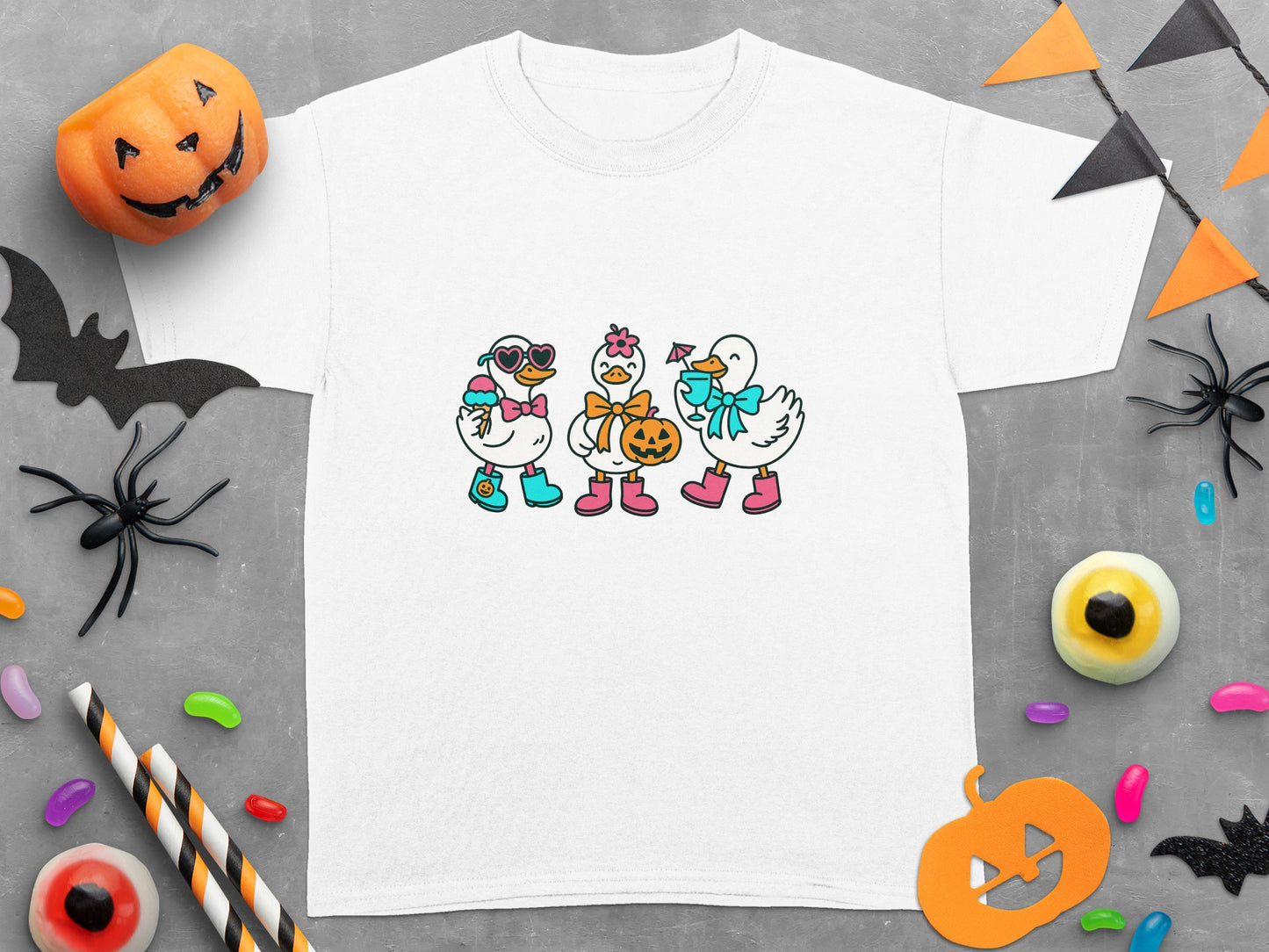Halloween Duck Graphic T-Shirt, Cute Cartoon Ducks in Costumes, Casual Autumn Kids' Wear, Unisex White Tee