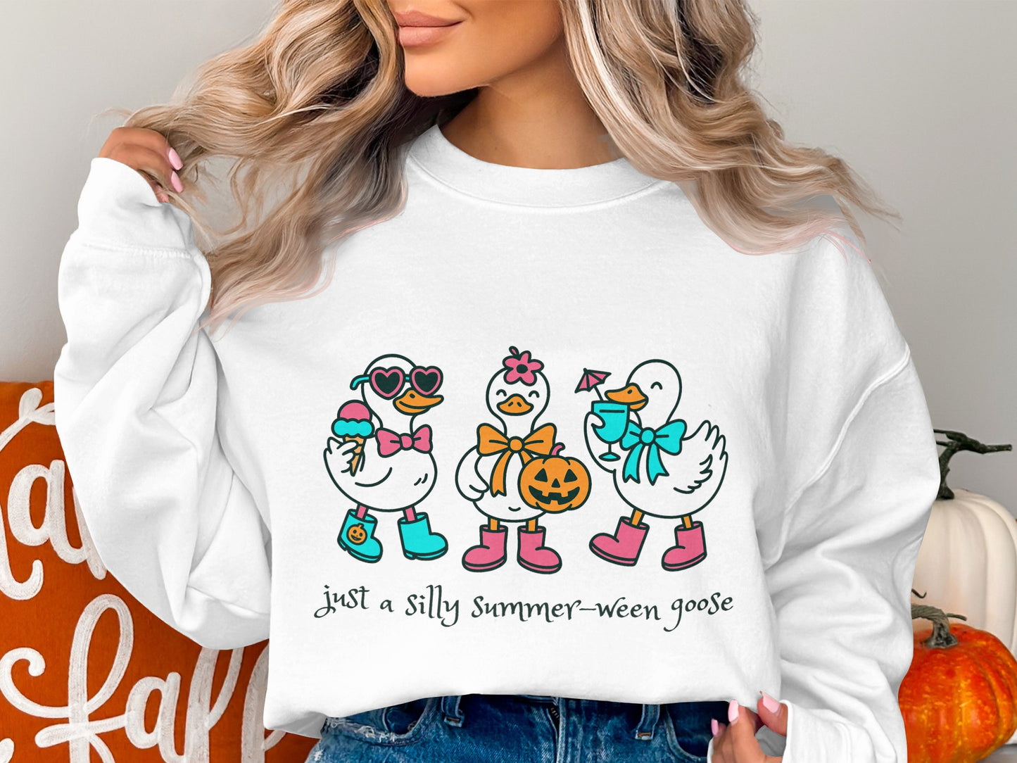 Cute Summer-Ween Goose Sweatshirt, White Pullover with Colorful Cartoon Geese, Fun Autumn Apparel
