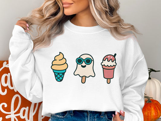 Cute Ice Cream Sweatshirt, Cartoon Dessert Print, Women's White Cozy Pullover, Casual Fall Fashion Top