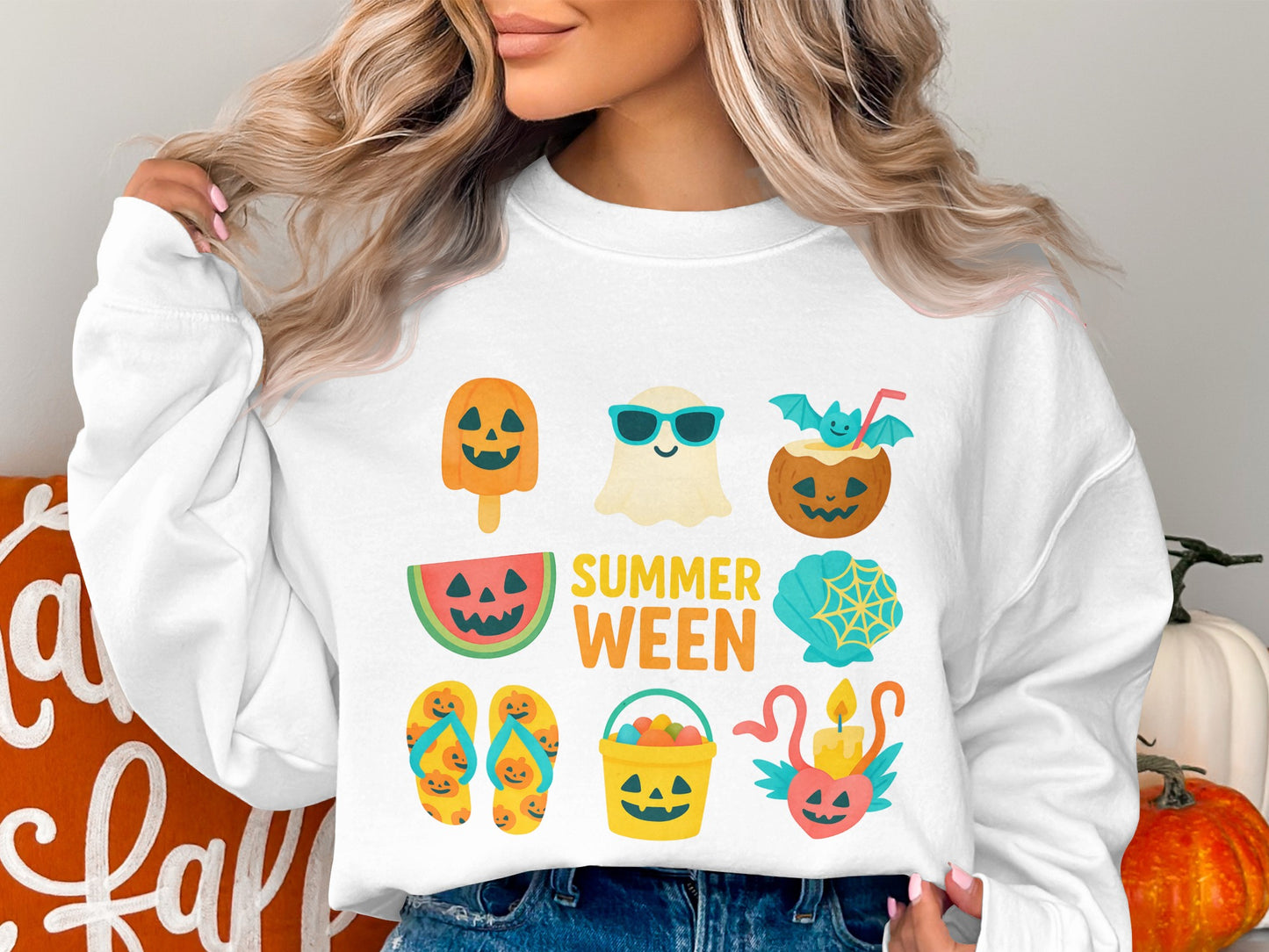 Halloween Summerween Themed Sweatshirt, Cute Ghosts and Pumpkins, Unisex Fall Fashion Top, Casual Cozy Pullover