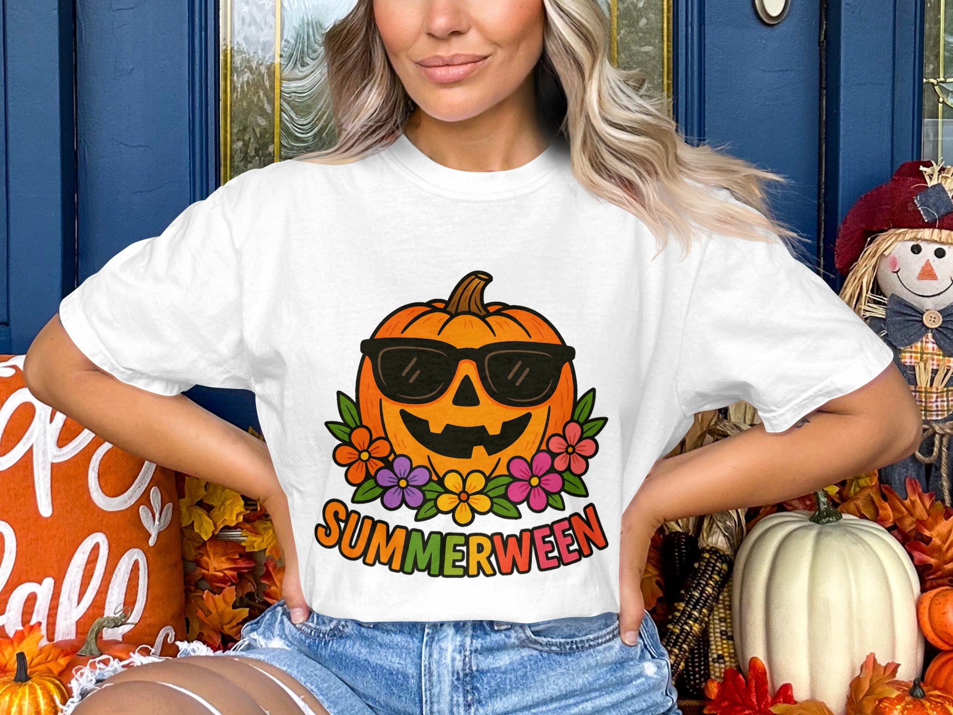 Summerween Pumpkin Graphic T-Shirt, Sunglasses Pumpkin Fall Season Tee, Women's Halloween Fashion Top