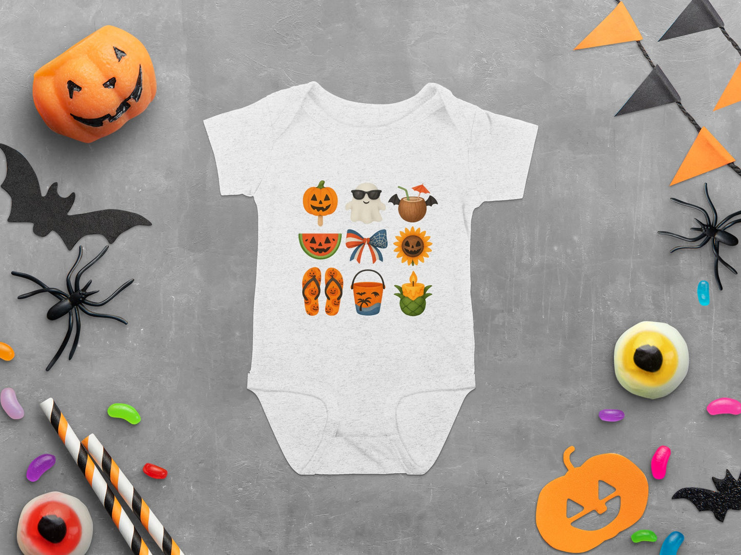 Baby Halloween Costume Onesie, Cute Pumpkin Bat Ghost Print, Orange and Black, Infant Autumn Outfit