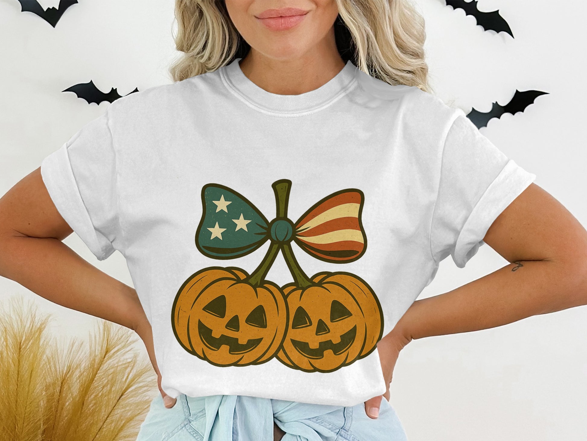 Patriotic Pumpkin T-Shirt, American Flag, Halloween Graphic Tee, Women's Fall Fashion, Vintage Style, Casual Autumn Wear