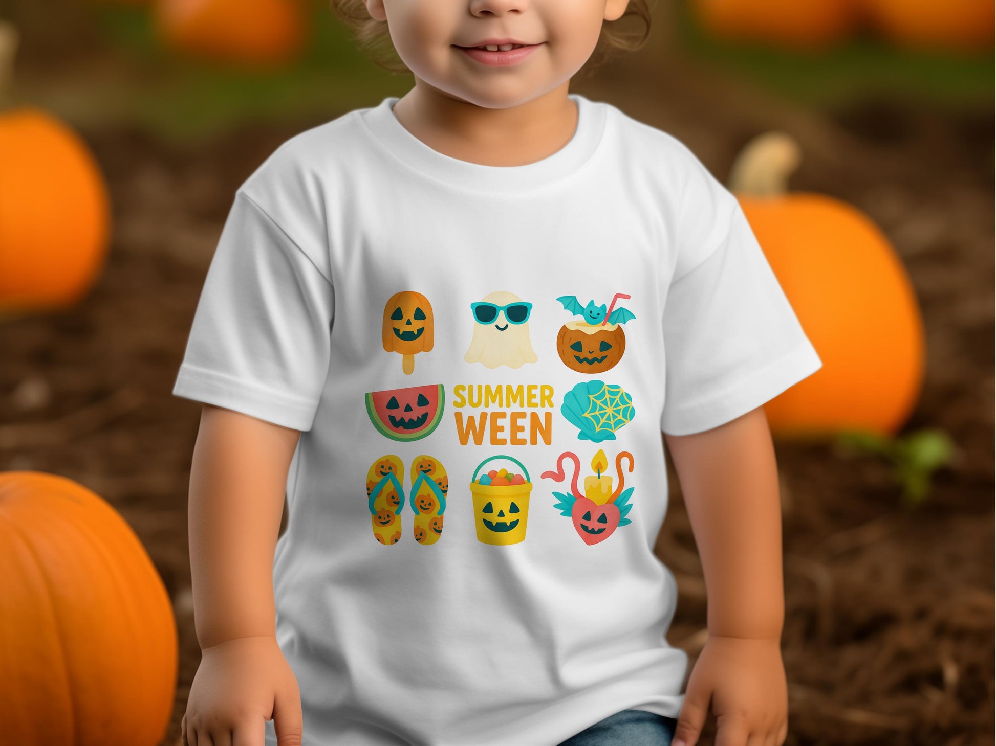 Summerween Pumpkin Kids Halloween T-Shirt, Cute Ghosts Autumn Tee, Toddler Fall Fashion Top