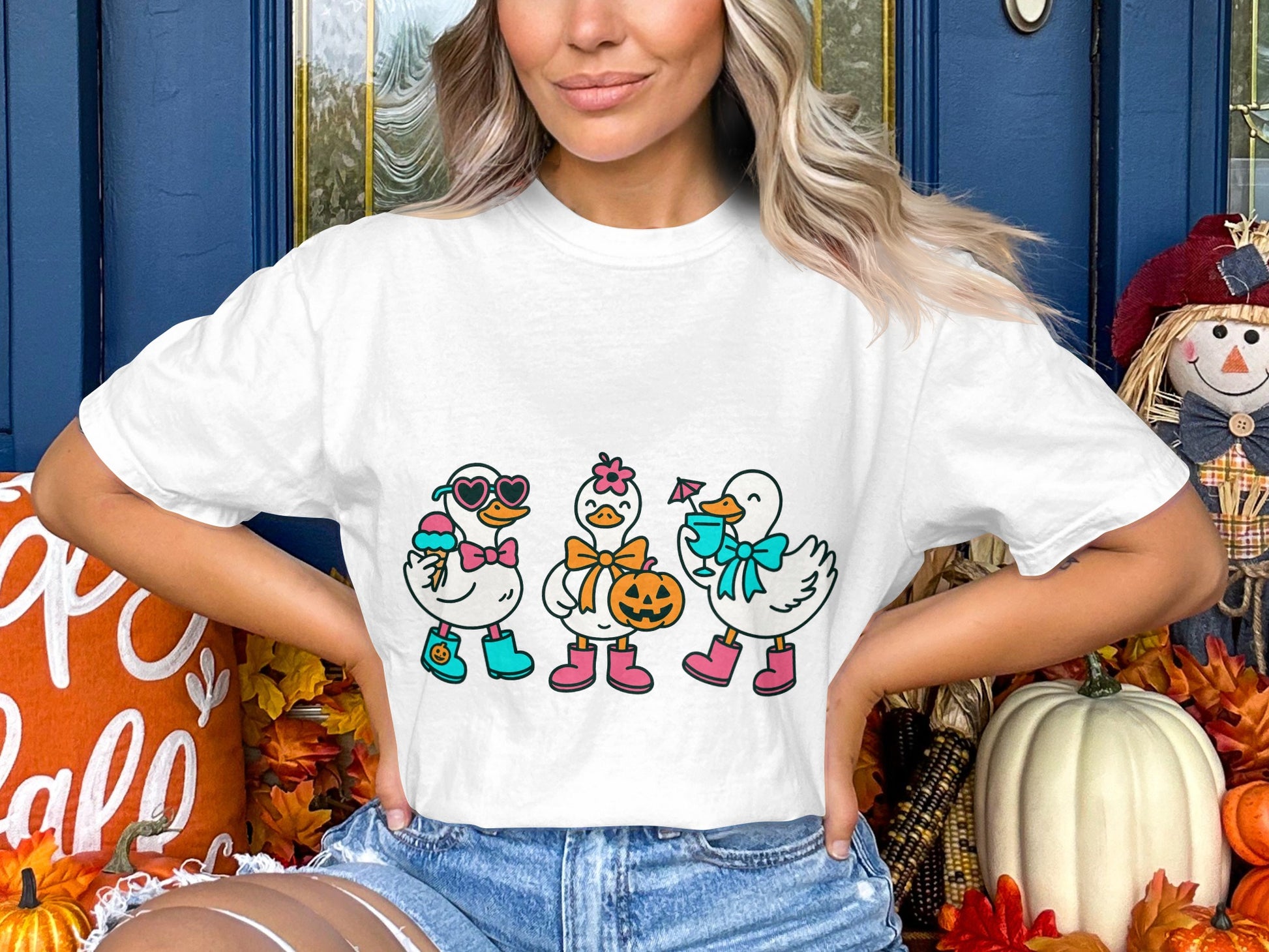 Halloween Themed Duck T-Shirt, Cute Fall Ducks Graphic Tee, Unisex Adult Clothing