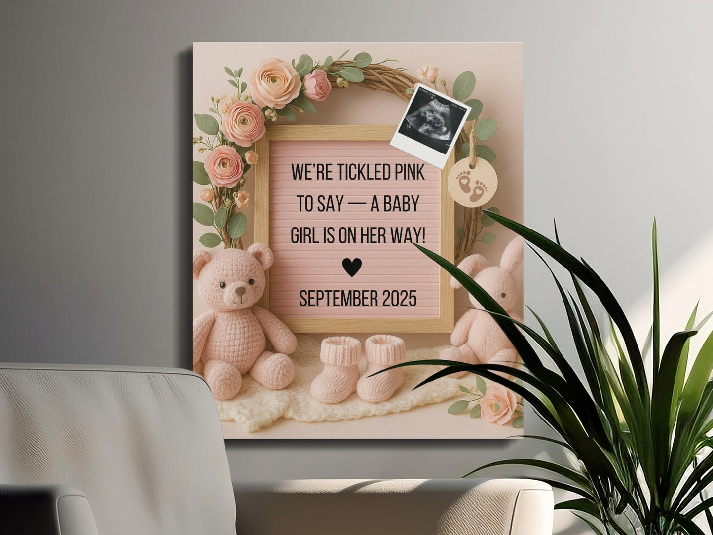 Baby Girl Announcement Canvas Print, Pink Teddy Bear and Flowers Nursery Decor, September 2025 Reveal