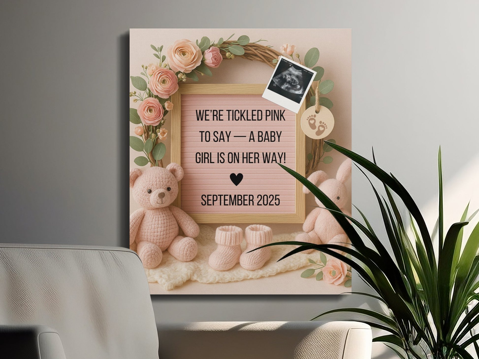 Baby Girl Announcement Canvas Print, Pink Teddy Bear and Flowers Nursery Decor, September 2025 Reveal