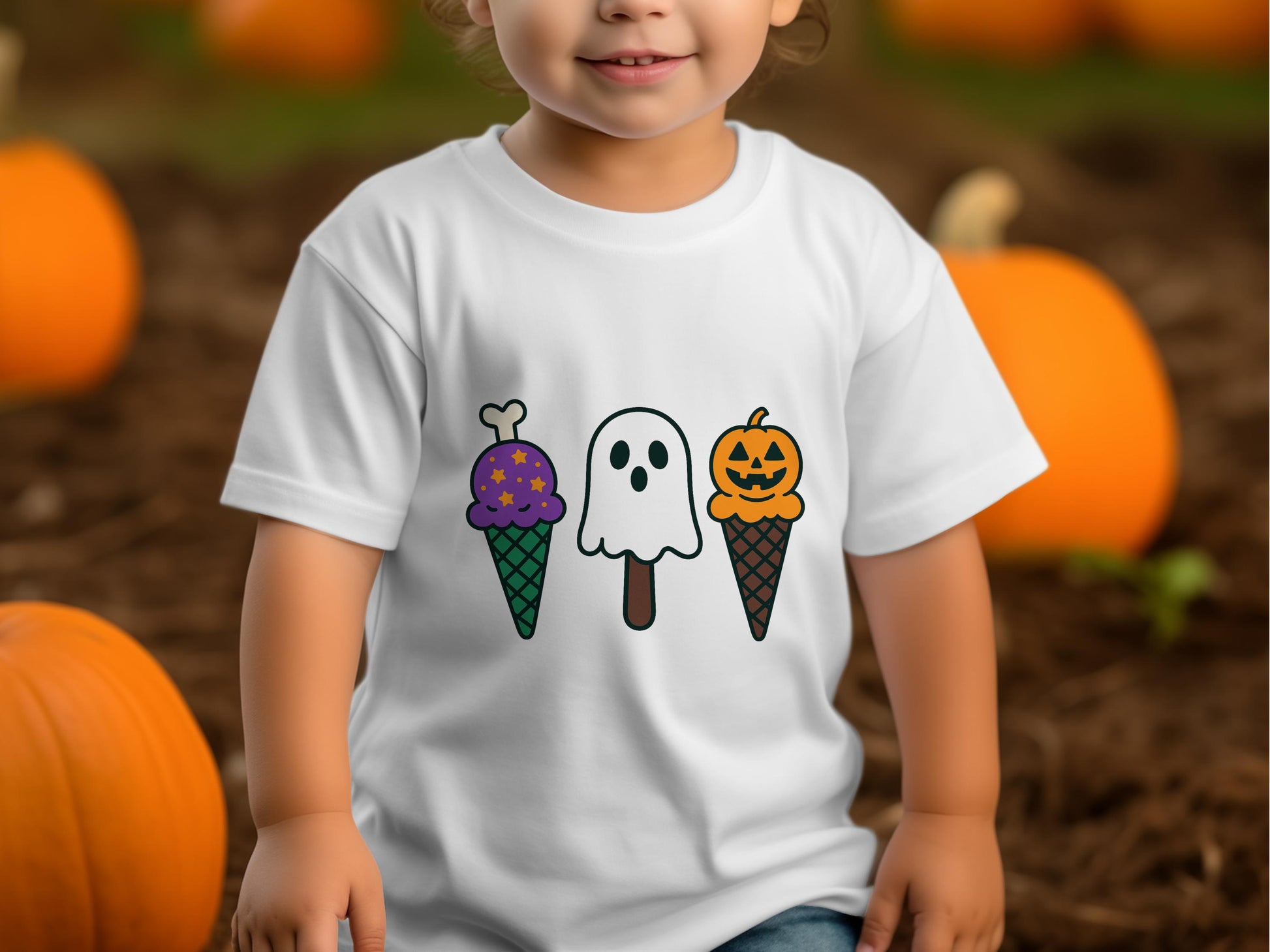 Kids Halloween T-Shirt, Cute Ghost and Pumpkin Ice Cream Cones Graphic, Toddler Fall Festival Apparel