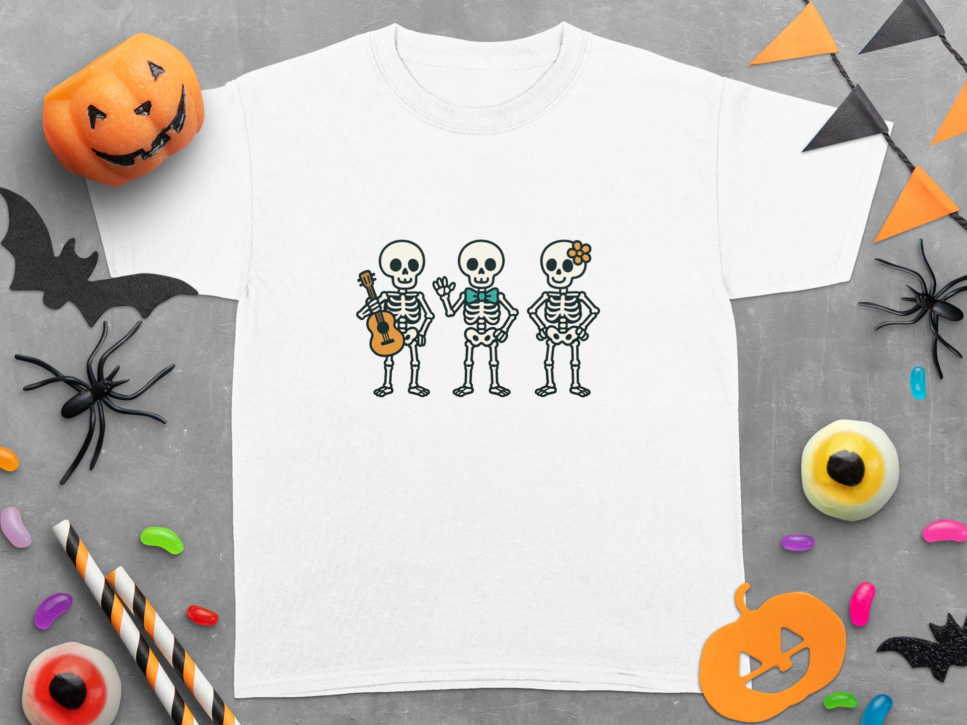 Halloween Skeleton Trio T-Shirt, Funny Graphic Tee, Kids and Adults Casual Wear