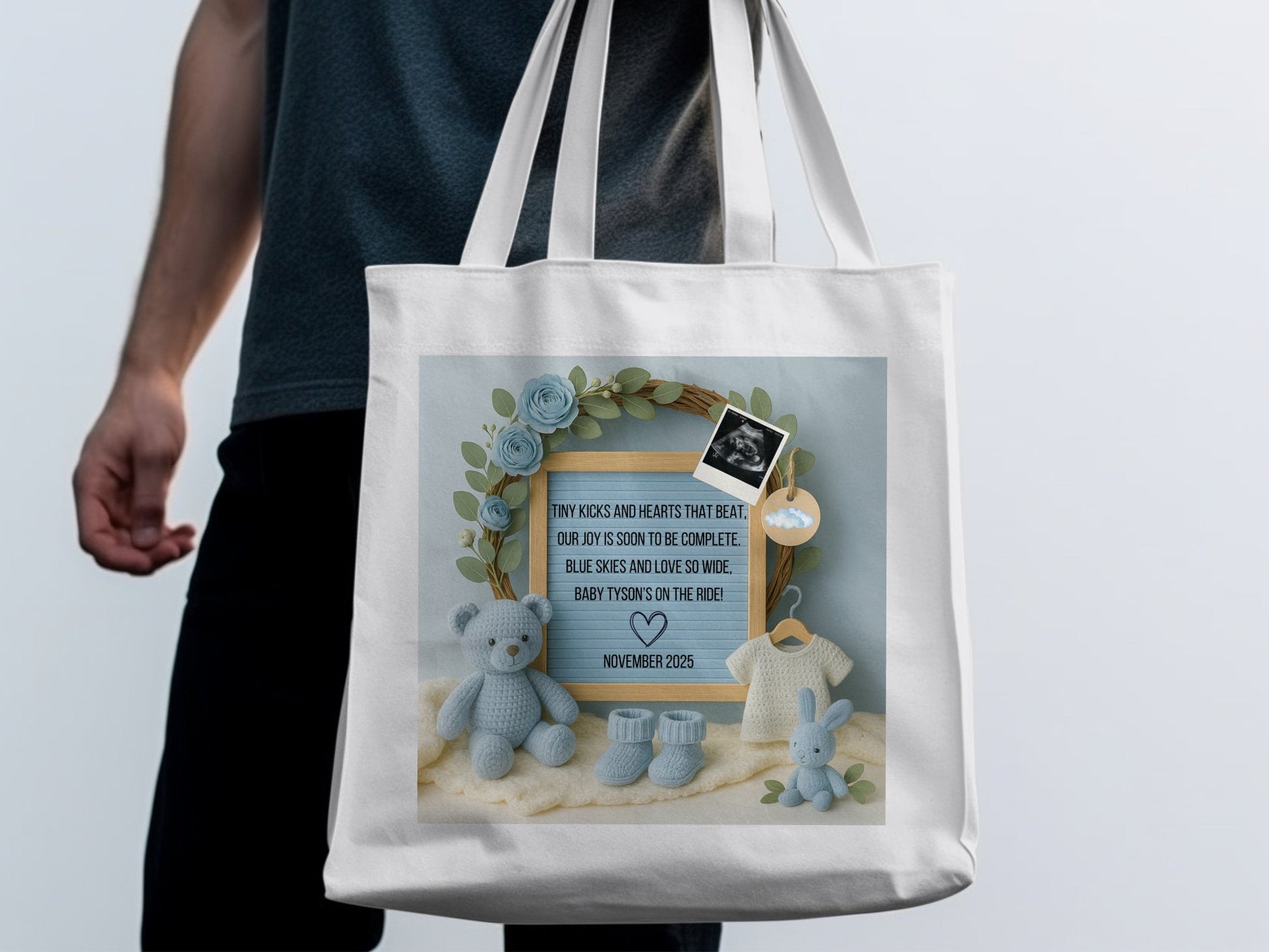 Baby Shower Gift Customizable Tote Bag, Blue Nursery Decor Canvas Bag, Personalized Photo Tote, New Mom Present
