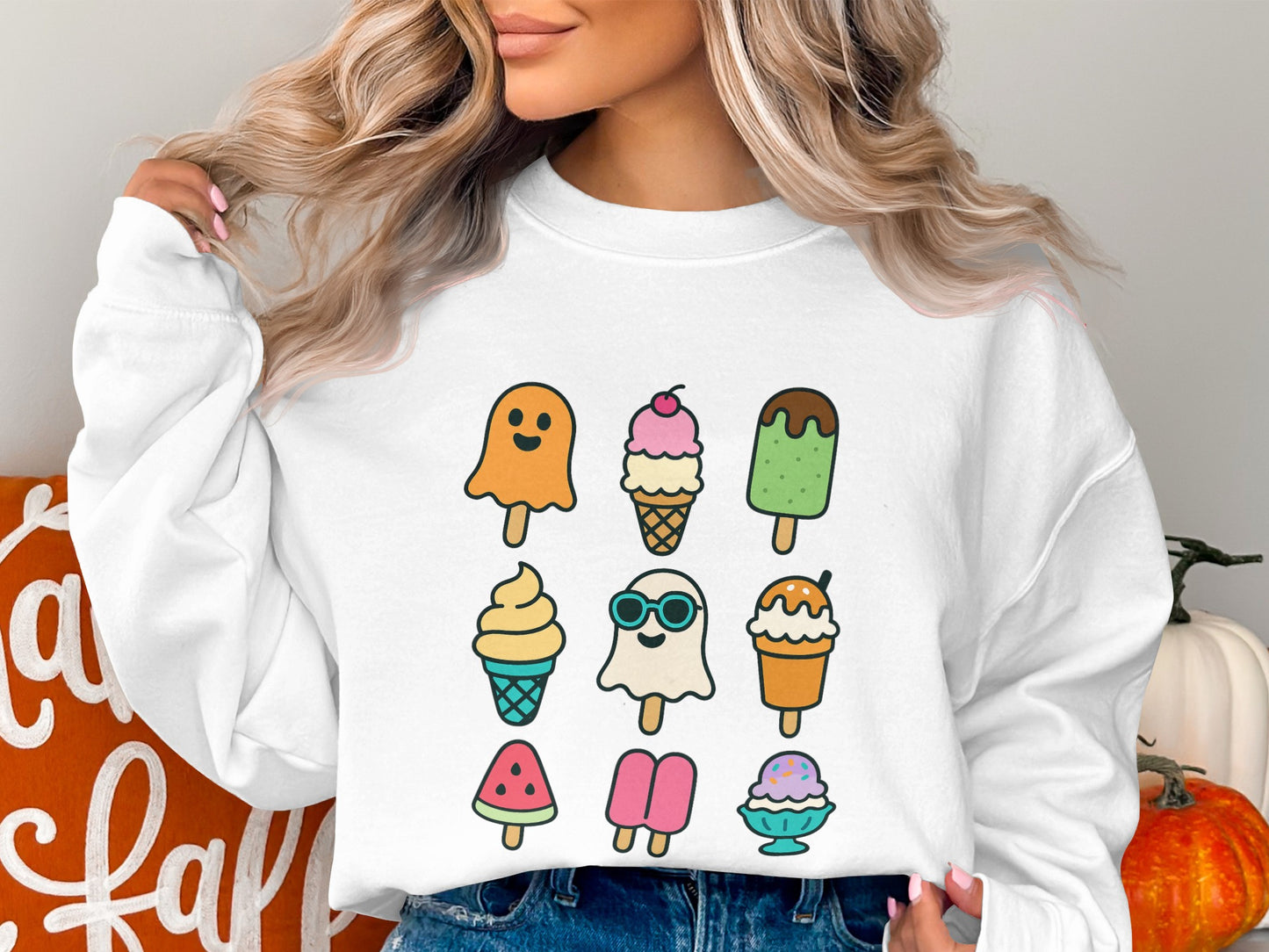 Cute Ice Cream Sweatshirt, Women's White Pullover, Colorful Dessert Graphics, Cozy Winter Apparel