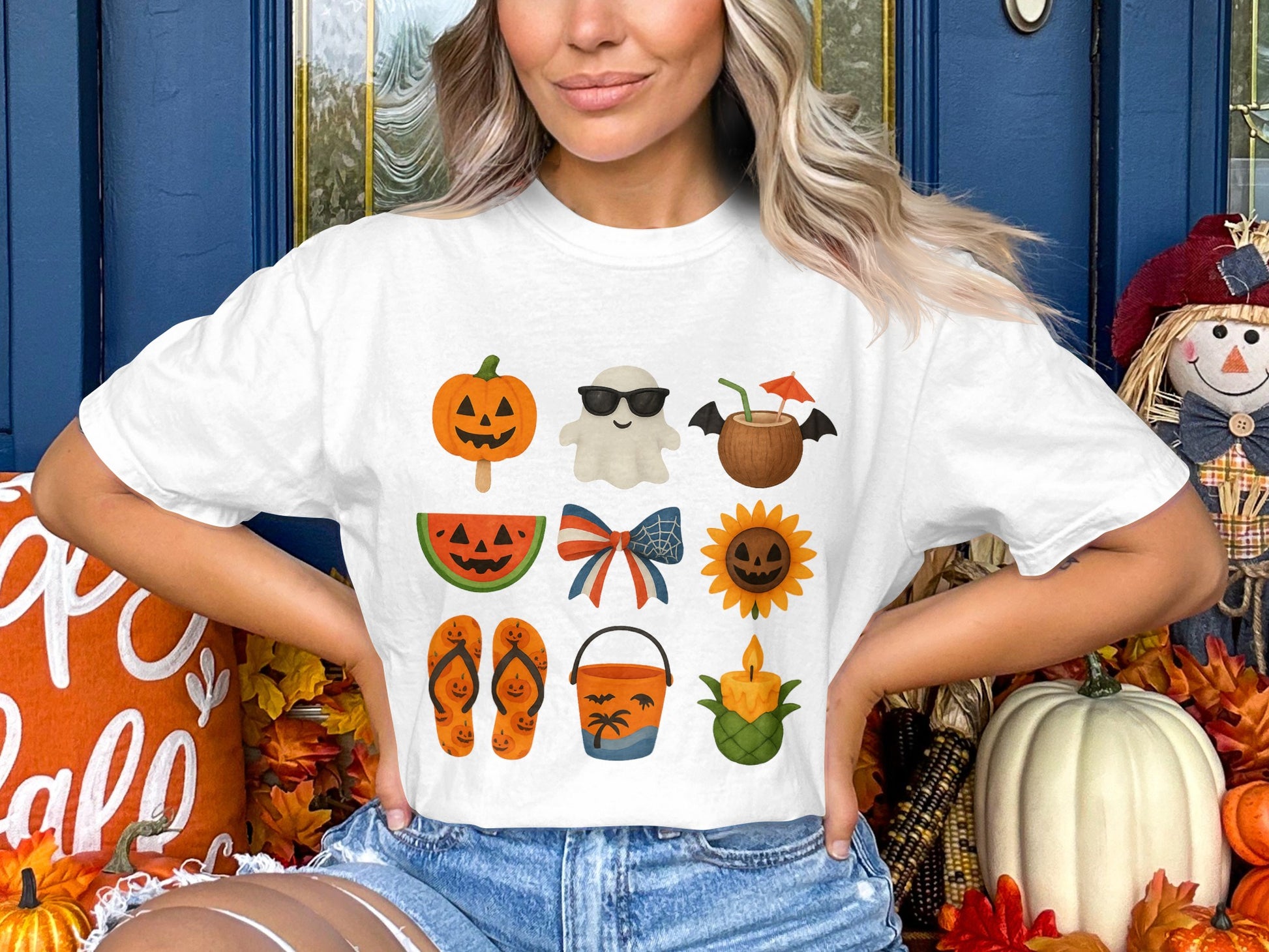 Cute Halloween T-Shirt, Women's Fall Graphic Tee, Pumpkin Ghost Sunflower Autumn Top