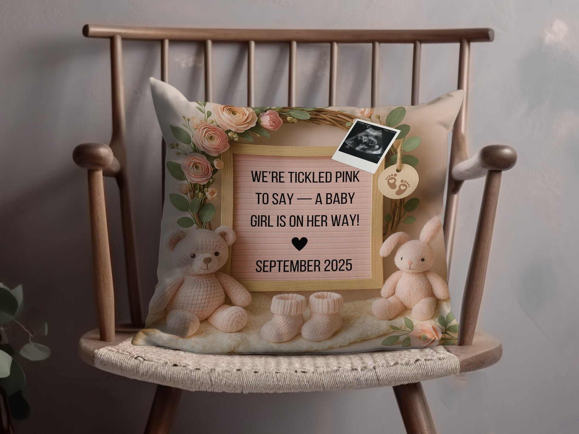 Baby Girl Announcement Cushion, Floral Nursery Decor, Personalized Pregnancy Reveal Pillow, September 2025, Plush Toys Decorative Pillow.