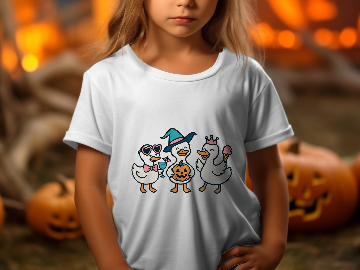 Cute Halloween T-Shirt with Cartoon Ducks, Spooky Fun Kid's Tee, Pumpkin and Ghost Design, Autumn Wear