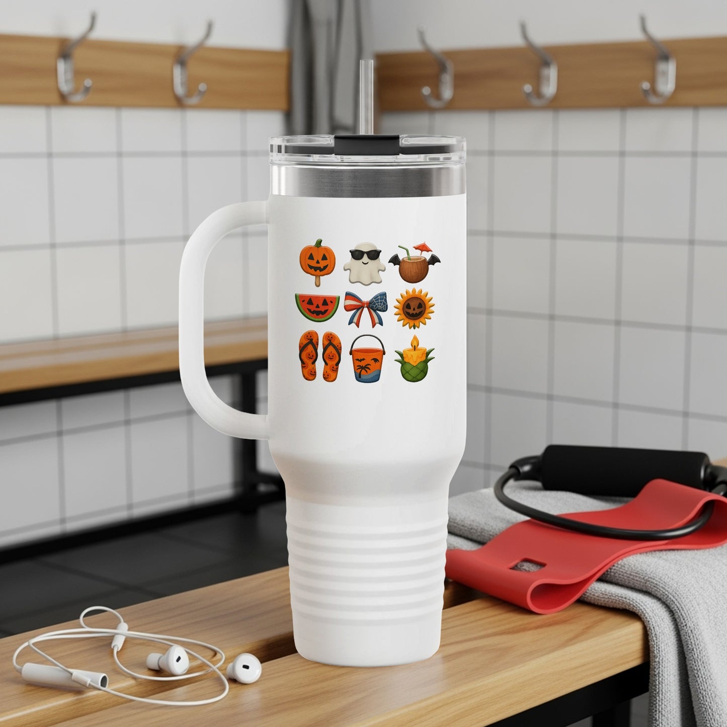 Halloween Themed Travel Mug, Spooky Icons Printed Tumbler, Insulated Coffee Cup, Fall Season Gift Idea