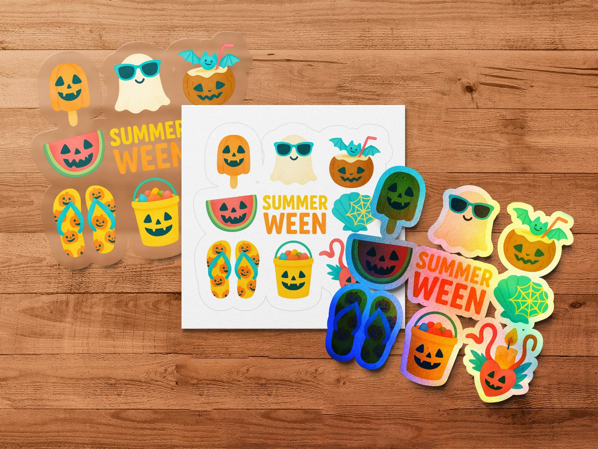 Summerween Themed Stickers, Cute Ghost and Pumpkin Designs, Colorful Halloween and Summer Hybrid Decorations, Vibrant Seasonal Decals.