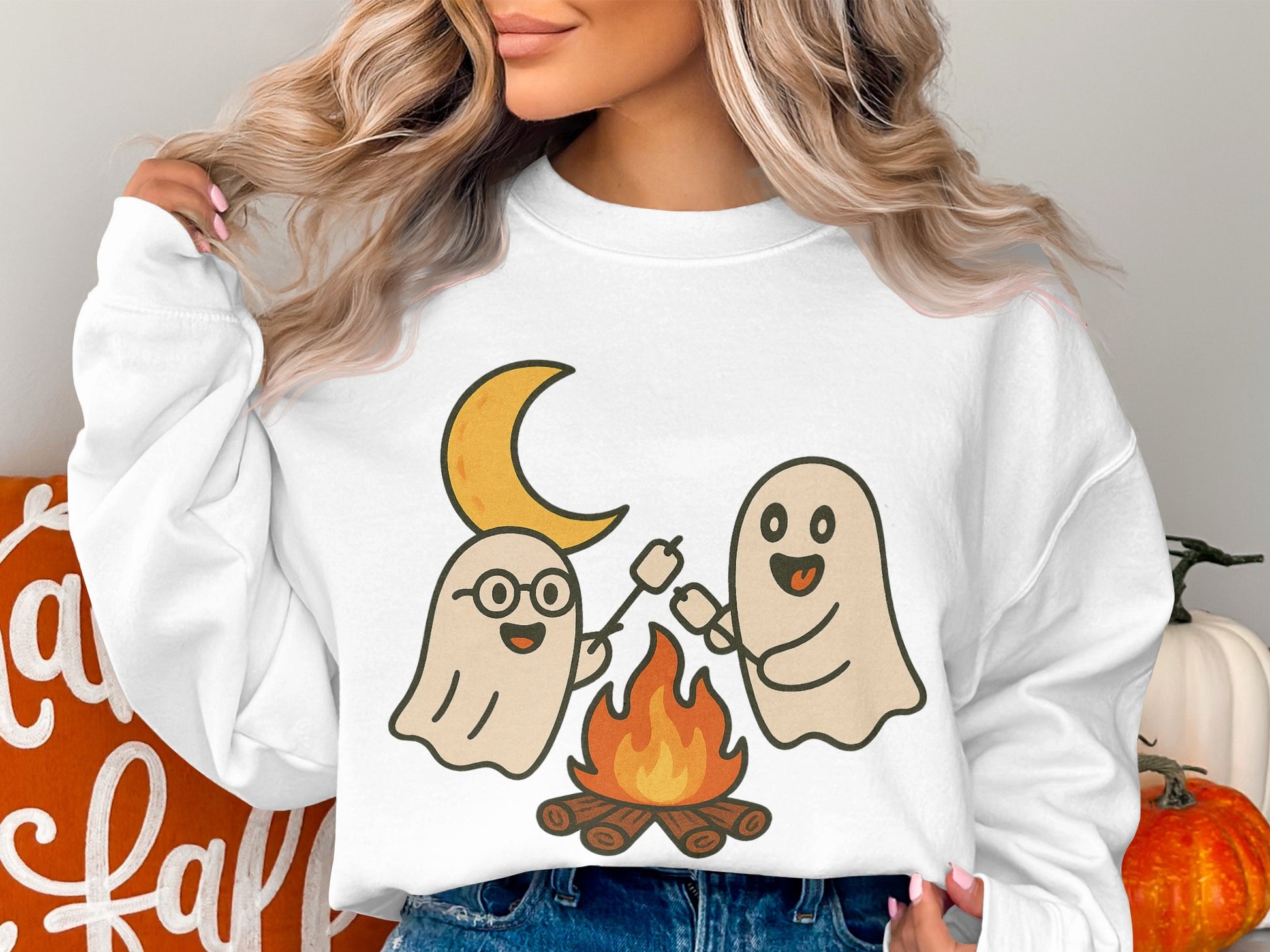 Cute Ghosts and Moon Campfire Graphic Sweatshirt, Halloween Themed Casual Apparel for Fall