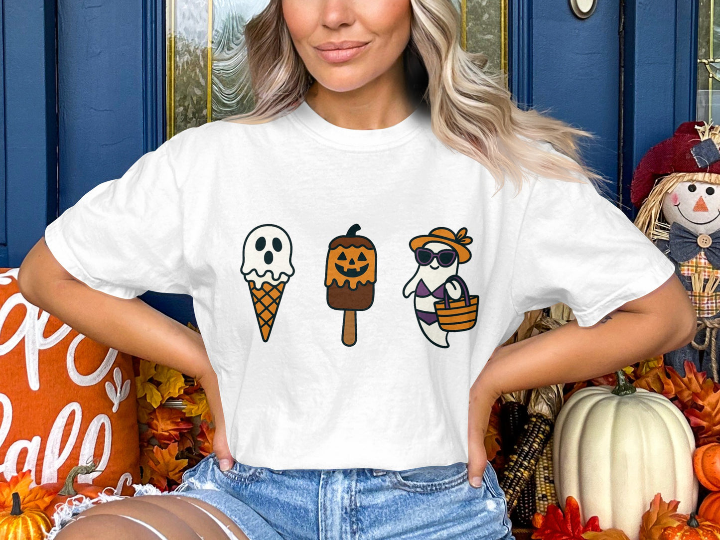 Cute Halloween Ice Cream T-Shirt, Cartoon Ghost Pumpkin Cool Shades, Fall Fashion Tee, Unisex Casual Wear